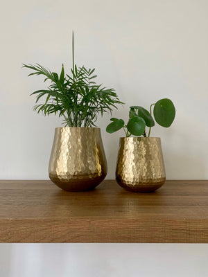 Open image in slideshow, Muted Gold Hammered Metal Plant Pots
