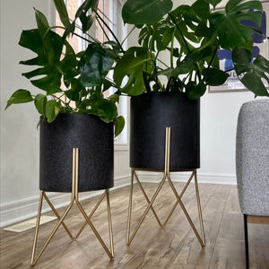 Open image in slideshow, Charcoal Metal Planter Pots on Gold Plant Stands
